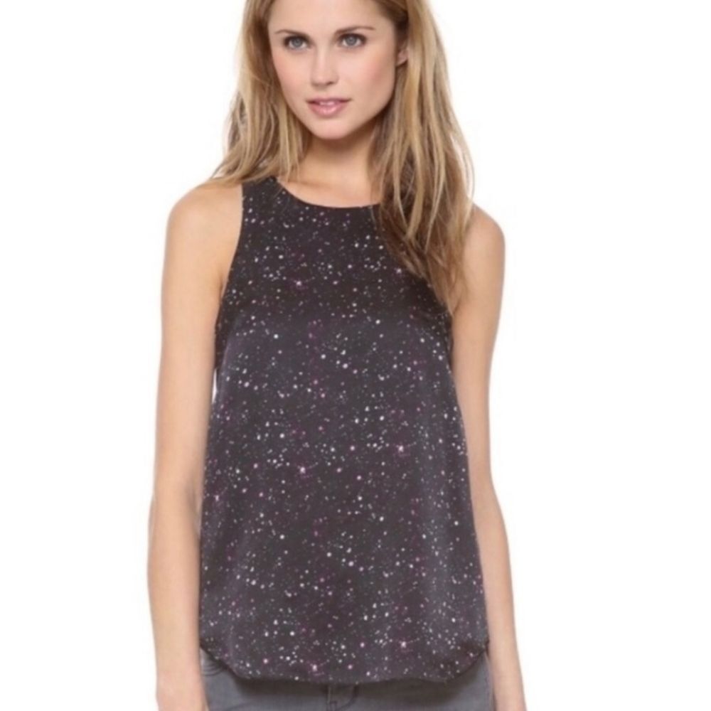 Club Monaco black with purple / white " paint splatter " swing tank top …